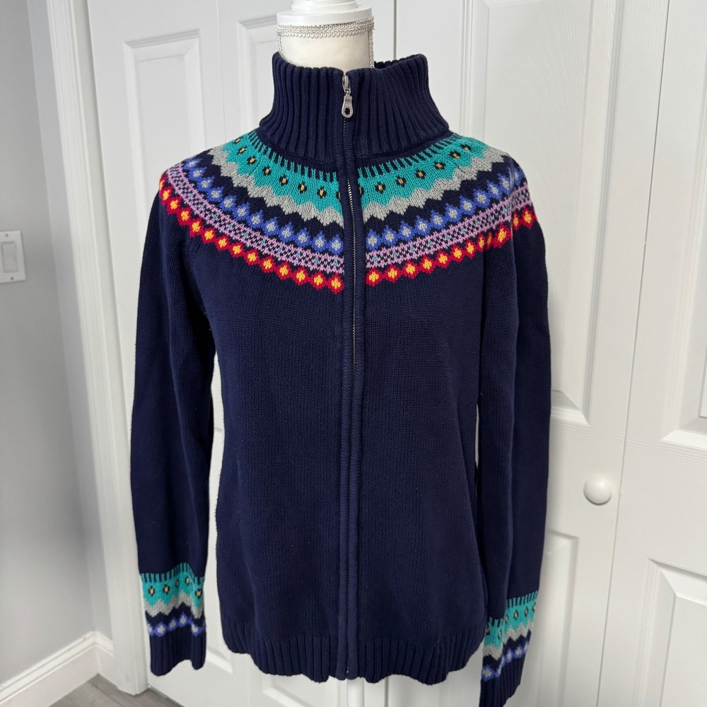 Talbots Womens Navy Blue Fair Isle Full Zip Cardigan Sweater Mock Neck Large